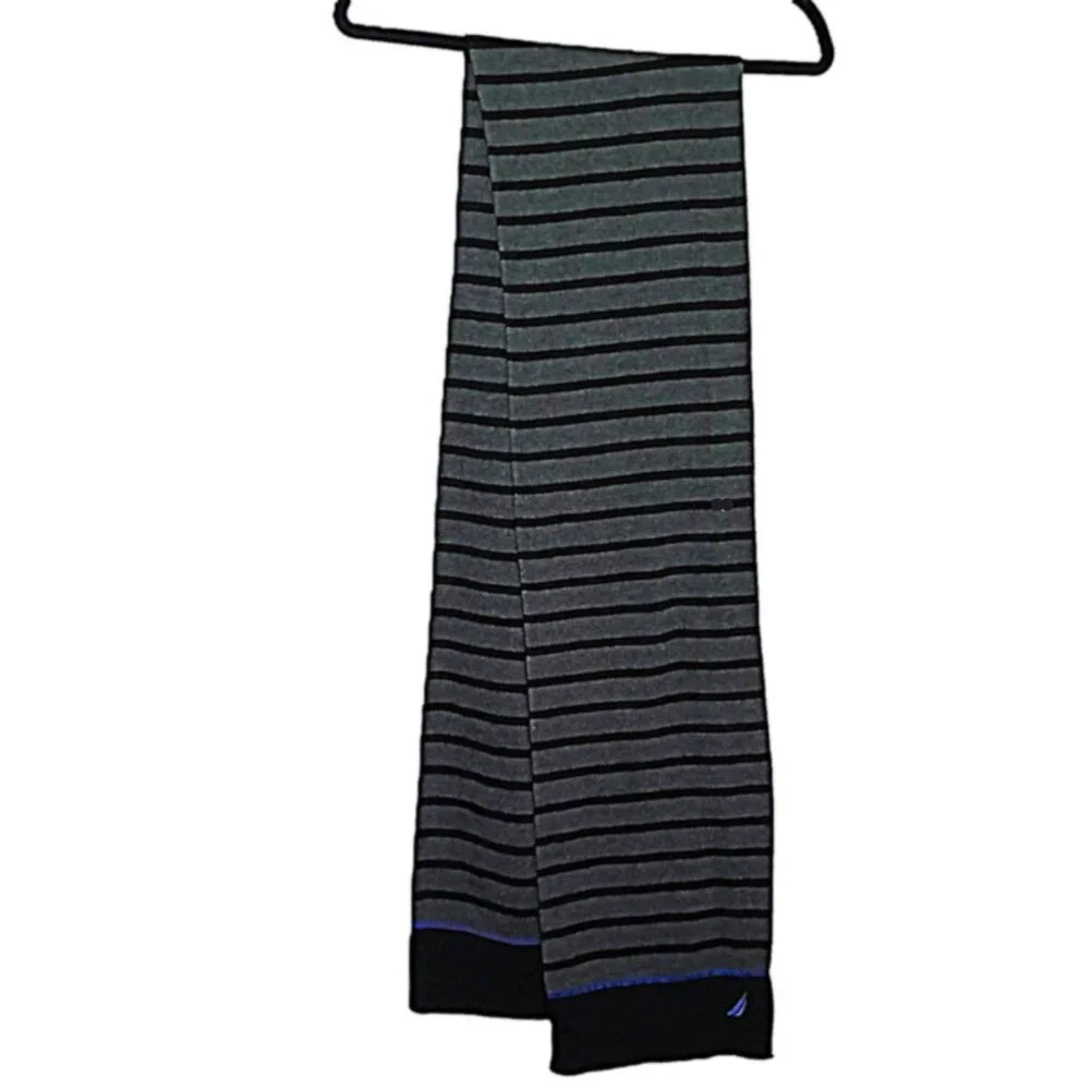 New Nautica Men's Scarf Gray & Black Striped Knit Blue Logo Long Soft & Warm